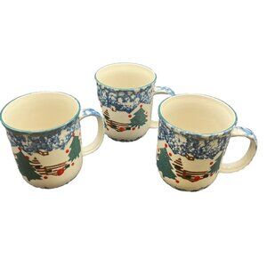 3~ Folk Craft CABIN IN THE SNOW COFFEE MUGS Sponge Paint Tie N Shan Christmas